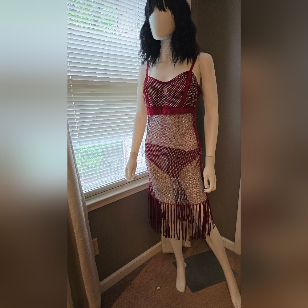 Red Mesh Fringe Dress